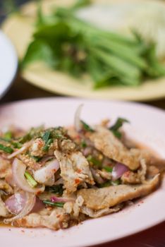 Spicy minced pork with vegetable background, Thai food