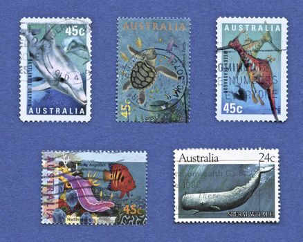 AUSTRALIA - CIRCA 1991: stamp printed by Australis , shows dolphins, turtle, seadragon, wales and fish stamps printed in 1982 to 1998