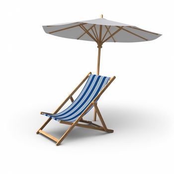3D rendered chair and Umbrella on white background.