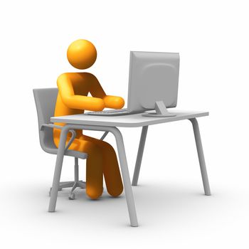 Sitting at a desk in front of a computer screen.