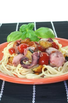 Pasta with seafood and grilled Mediterranean vegetables