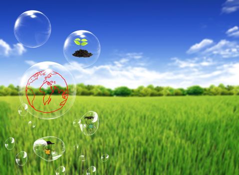 eco concept : globe ,tree ,Child in bubbles