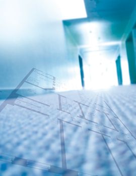 blue lighted corridor with the drawing of the architect