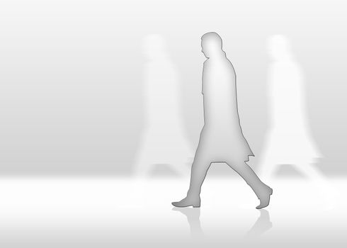 Man is walkin fast and alone in front of white background