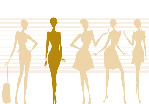 illustration of five silhouettes of modern women posing