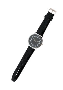 Modern wristwatch with black clock face on white background. Isolated with clipping path