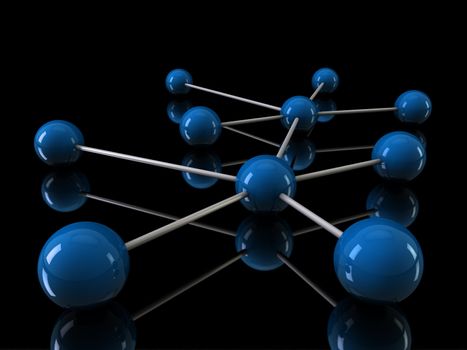 3d blue chrome ball network communication black