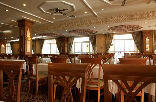 Interior decoration of the restaurant in deluxe hotel.