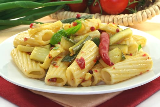 Tortiglione with fiery chili, zucchini, garlic and herbs