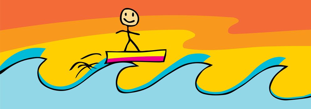 Smiling stick figure on surfboard over high waves