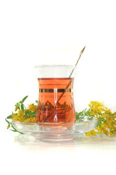 a cup of St. John's tea with fresh flowers on a white background