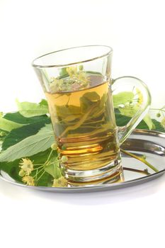 a cup of Linden flower tea with fresh flowers on a white background