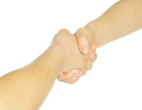 closeup of two men shaking hands isolated over white