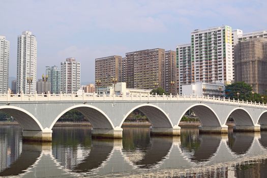 Arch bridge in asia downtown area, hong kong