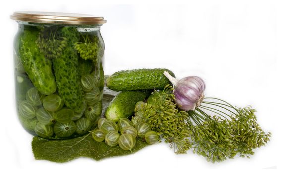 canned cucumbers with gooseberries, with spicy herbs and garlic without vinegar
