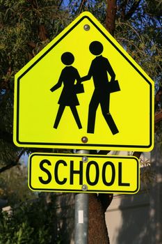 Bright school crossing road sign close up.
