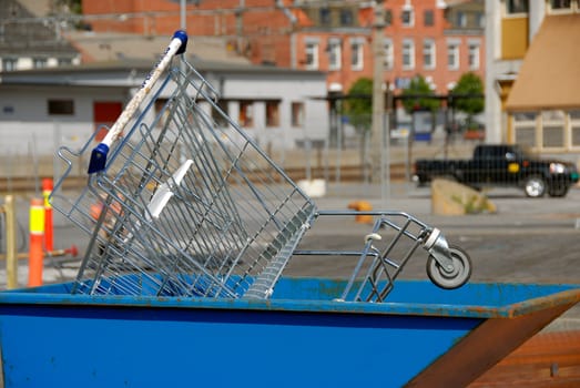 Norwegian shopping cart in container. Selective focus.