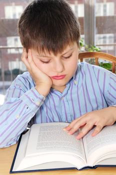 Serious school boy studying with a book