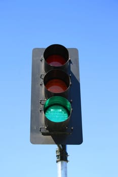 Close up of a traffic light showing green light.
