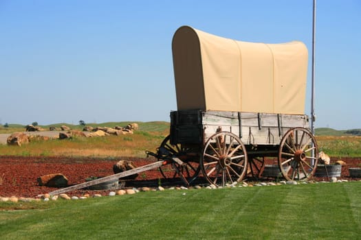 Close up of a wagon on a grass.
