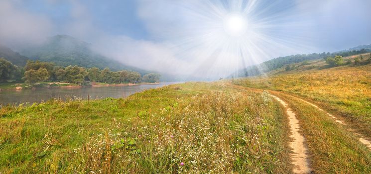 Beautiful morning landscape with the river 