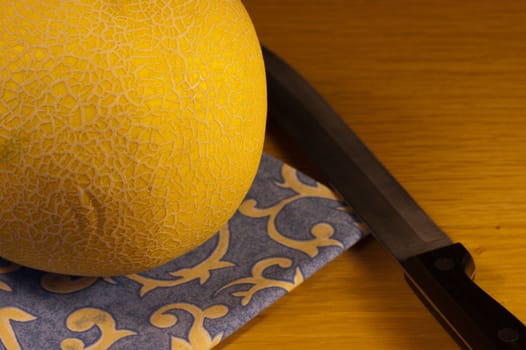 A galia melon with a sharp knife ready to eat