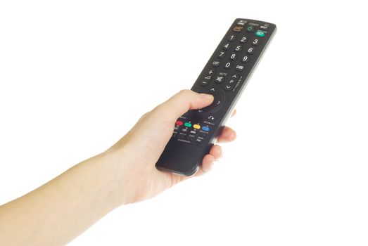 A hand holding a remote control isolated over a white background
