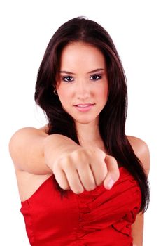 Portrait of an attractive young female punching. Isolated on white background