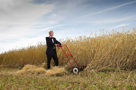 Businessman harvesting the fruits of his labor