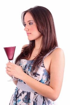 Closeup portrait of young woman holding glass of martini