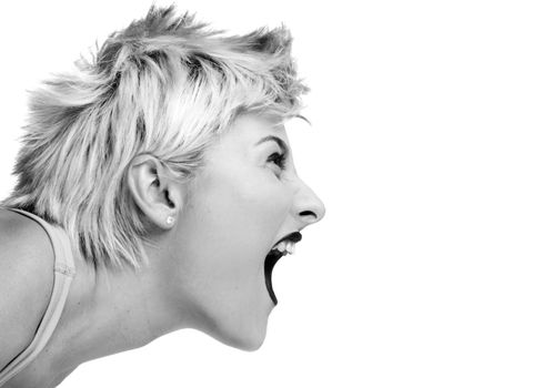 Isolated image of a blonde punk girl shouting at a microphone