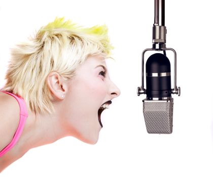 Isolated image of a blonde punk girl shouting at a microphone