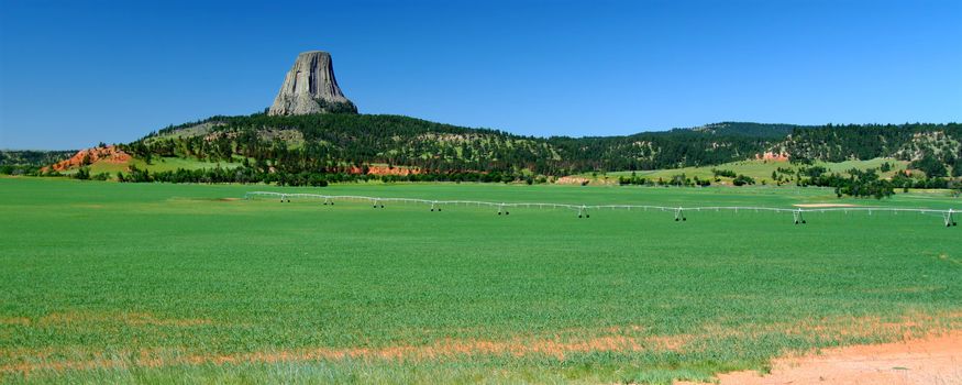 Panoramic view of an agricultural area near Devils Tower in Wyoming.