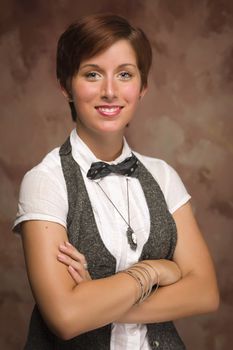 Attractive Smiling Red Haired Young Adult Female Portrait Against Muslin Background.