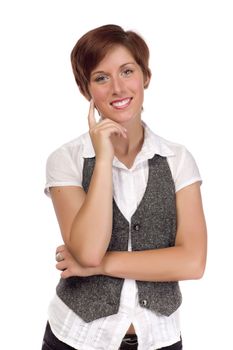 Pretty Smiling Young Red Haired Adult Female Portrait Isolated on a White Background.