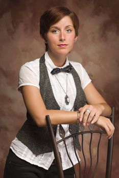 Attractive Red Haired Young Adult Female Portrait Leaning on Chair Against Muslin Background.