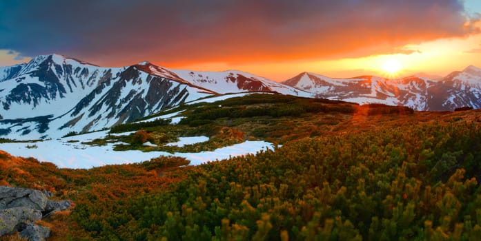 Colorful spring evening in the mountains