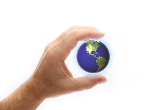 blue globe in hand of the person on white background