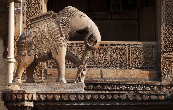 An elephant statue guards one of the structures at Jaisalmer's City in Rajasthan, India.