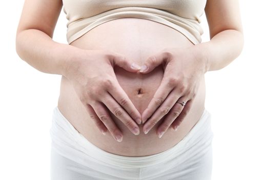 Mother hands on belly, white background