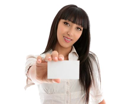 Confident smiling young beautiful woman holding out a business card, club card or any other type of card. eg: bank card, student card, place card.