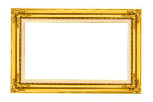 Golden wood picture frame isolated on white background