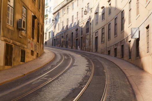 Street with tramway rails in Lisbon, Portugal