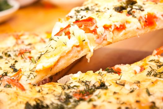 juicy appetizing pizza with tomato and cheese