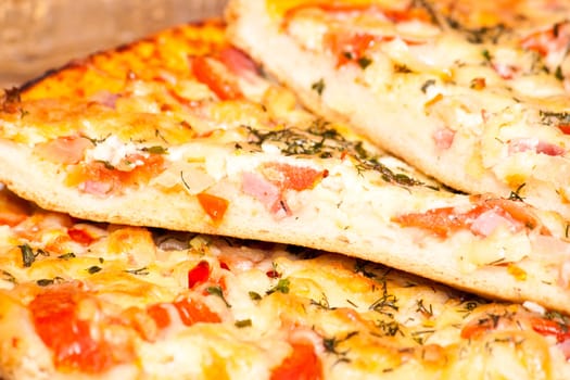 juicy appetizing pizza with tomato and cheese