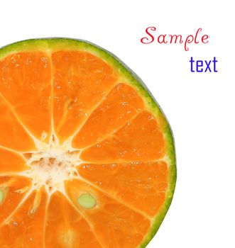 Sliced juicy oranges on white, with copy space and easily removable text