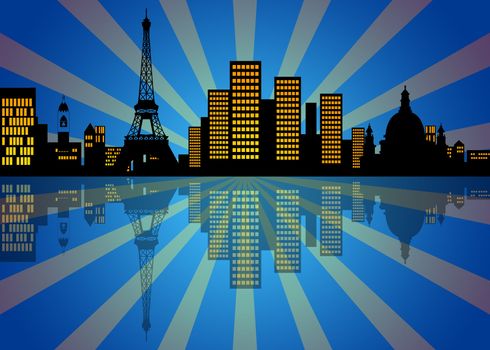 Reflection of New York Manhattan City Skyline at Night Illustration