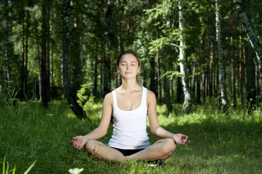 young woman is engaged in yoga, in summer forest on a green grass