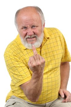 senior funny bald man shows middle finger