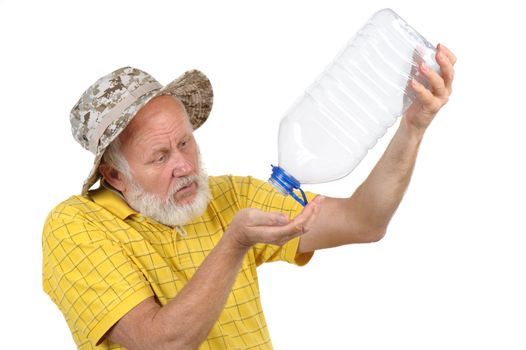 senior balding bearded man trying to get water from empty plastic bottle